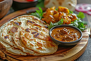 roti and curry in a long plate